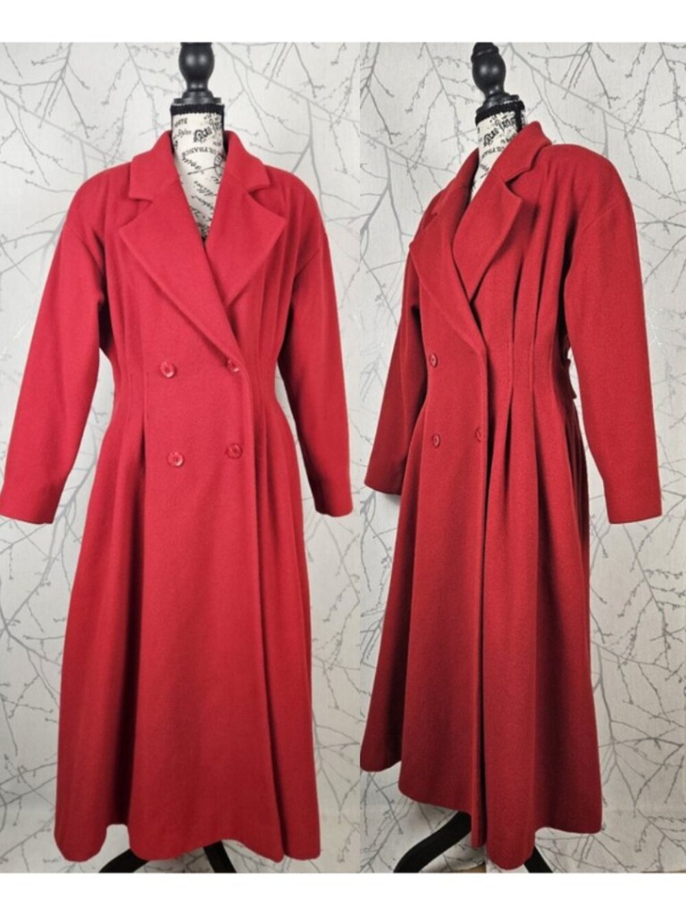 Together VTG Red 80% Wool Double Breasted Pleated Long Coat